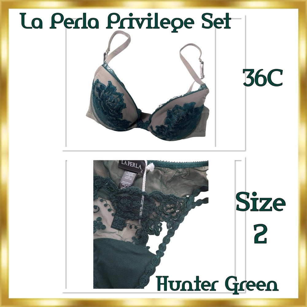 La Perla Privilege Hunter Green/Tan Lace Ribboned Embroidered Set 36C & Panty(2)